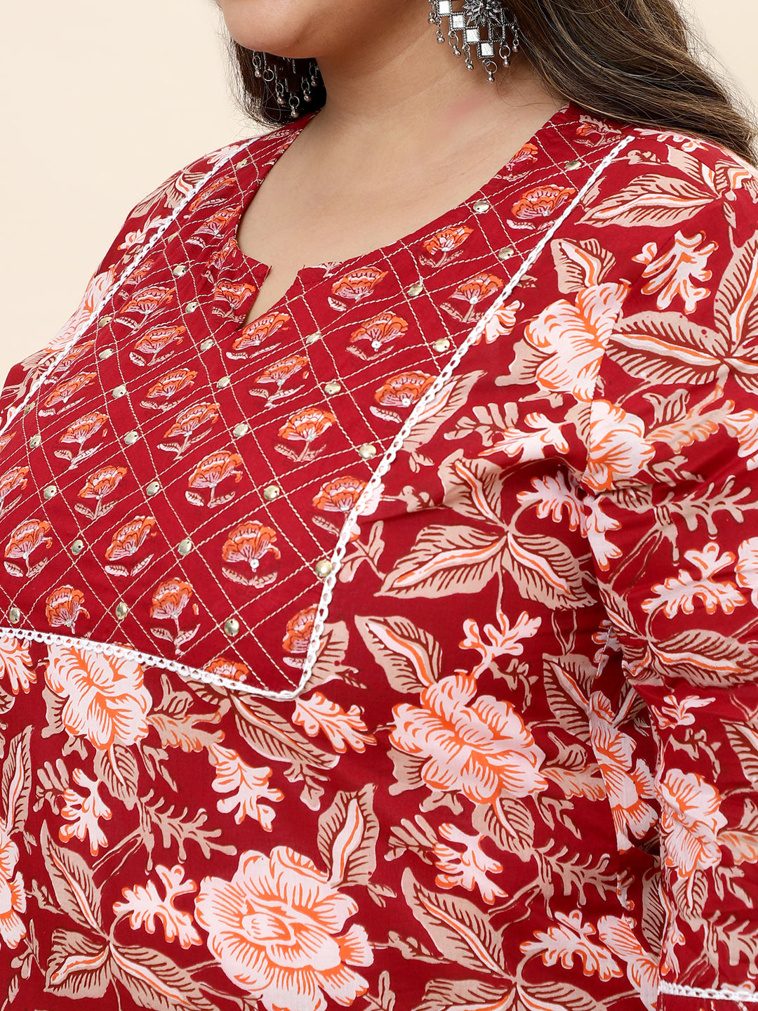 Red Floral Printed Yoke Detailing Pure Cotton Plus Size Kurta with Trousers