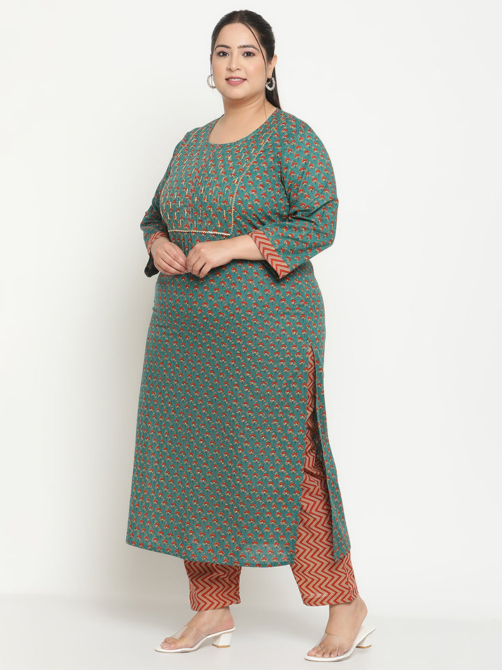 Women Green Printed Yoke Embroidered Cotton Plus Size Kurta with Trousers and Dupatta