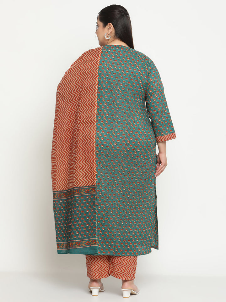 Women Green Printed Yoke Embroidered Cotton Plus Size Kurta with Trousers and Dupatta