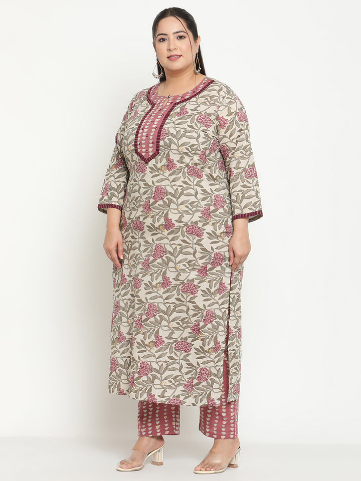 Women Grey Floral Printed Plus Size Kurta with Trousers