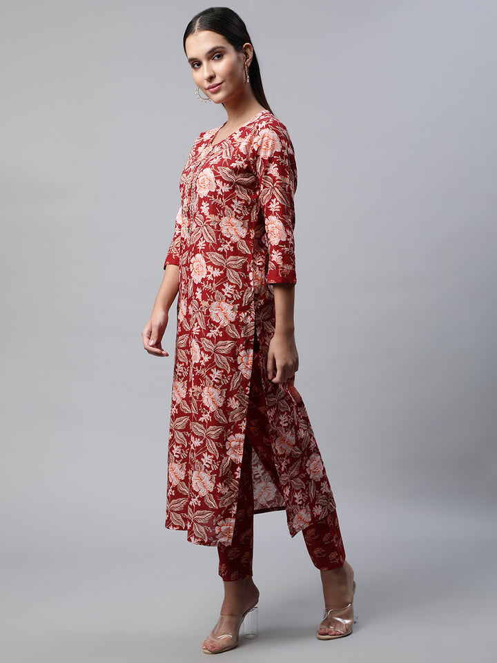 Women Red Floral Printed Thread Detailing Kurta with Trousers