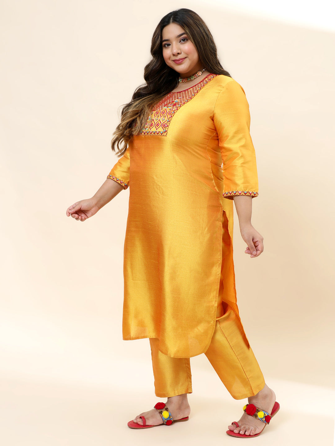 Womens Mustard Solid Embroidered Plus Size Kurta with trouser