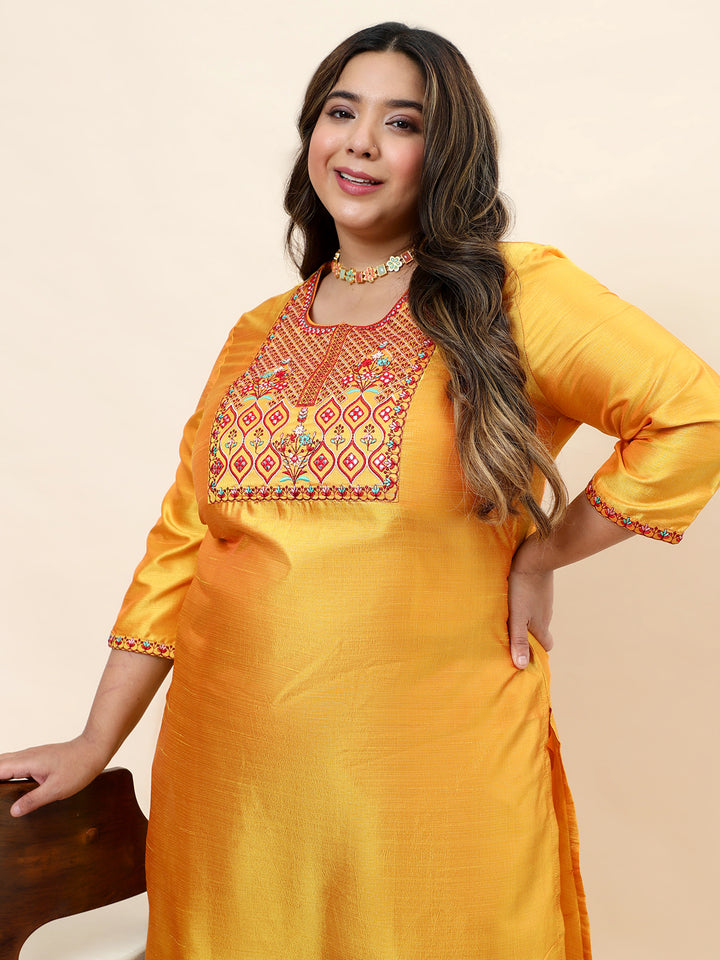Womens Mustard Solid Embroidered Plus Size Kurta with trouser