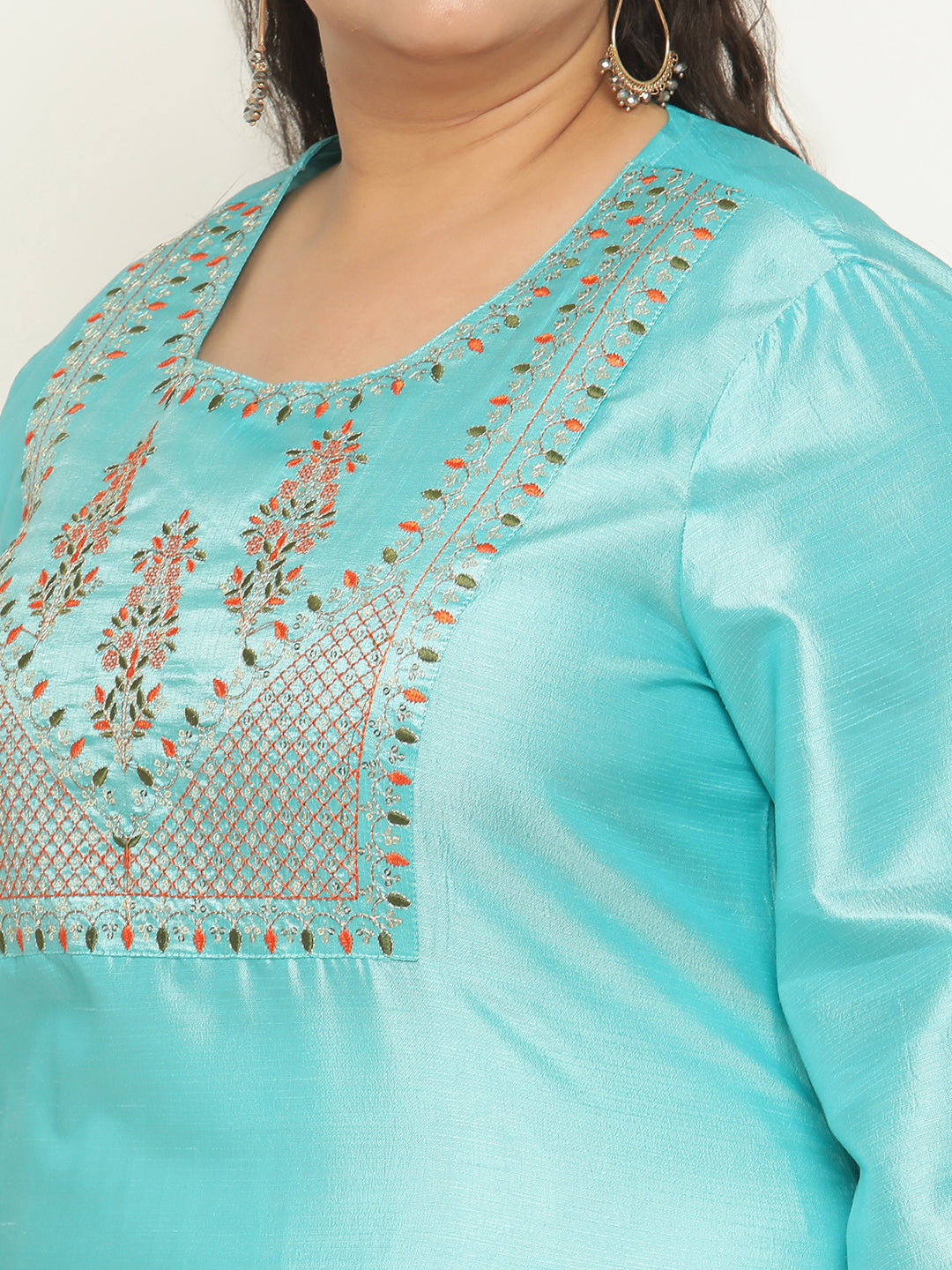 Womens Green Solid Embroidered Plus Size Kurta