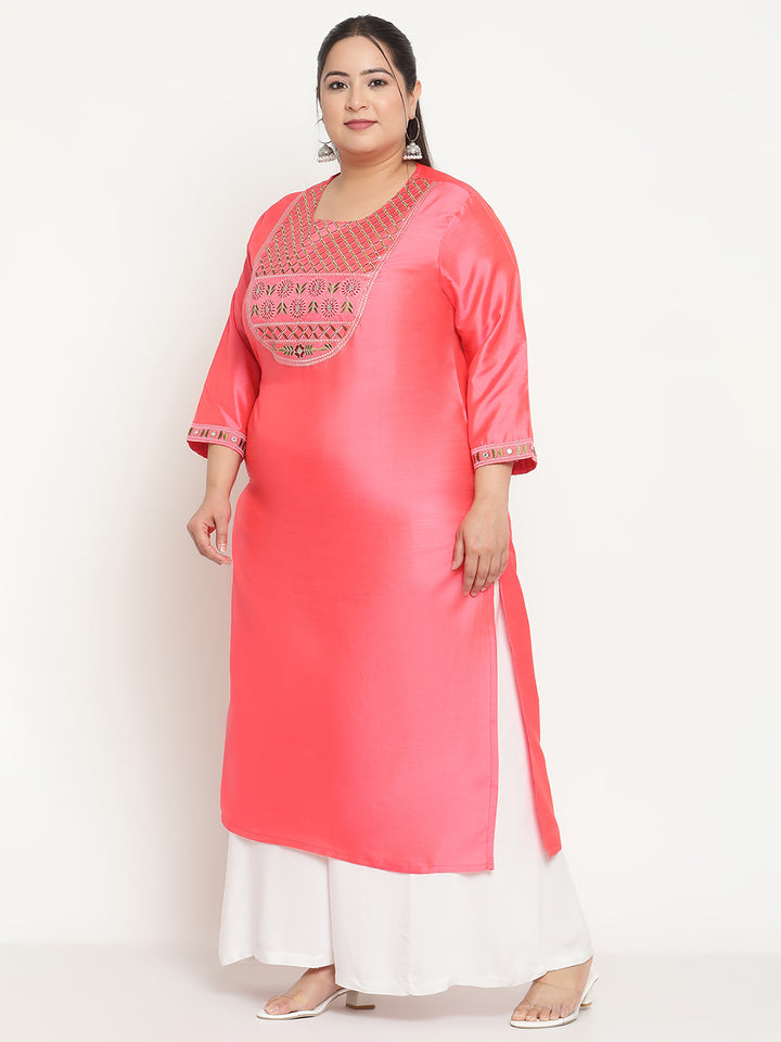 Womens Pink Solid Embroidered Plus Size Kurta