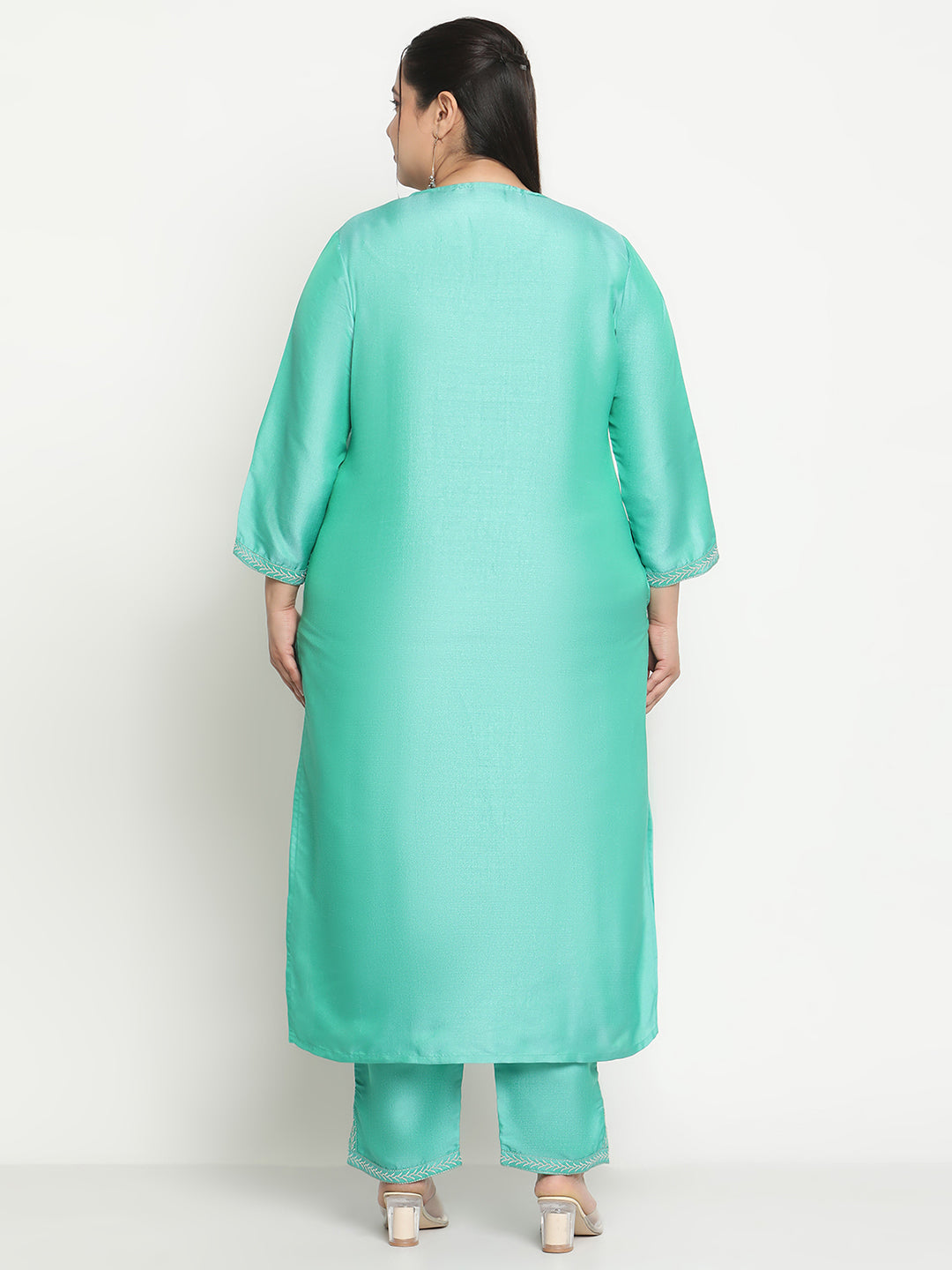 Women Green Embroidered Yoke Design Plus Size Kurta with Trousers