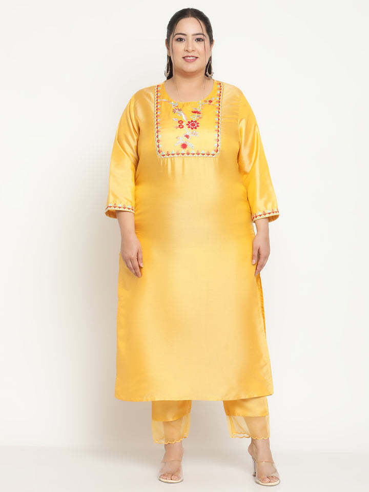 Womens Yellow Solid Embroidered Plus Size Kurta with trouser