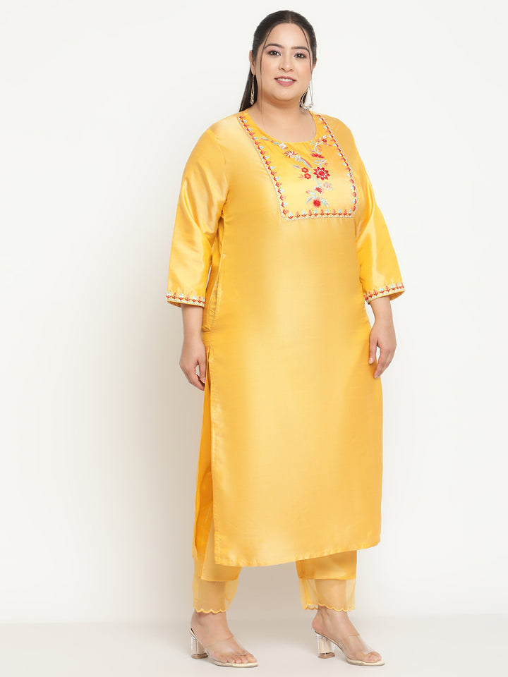 Womens Yellow Solid Embroidered Plus Size Kurta with trouser