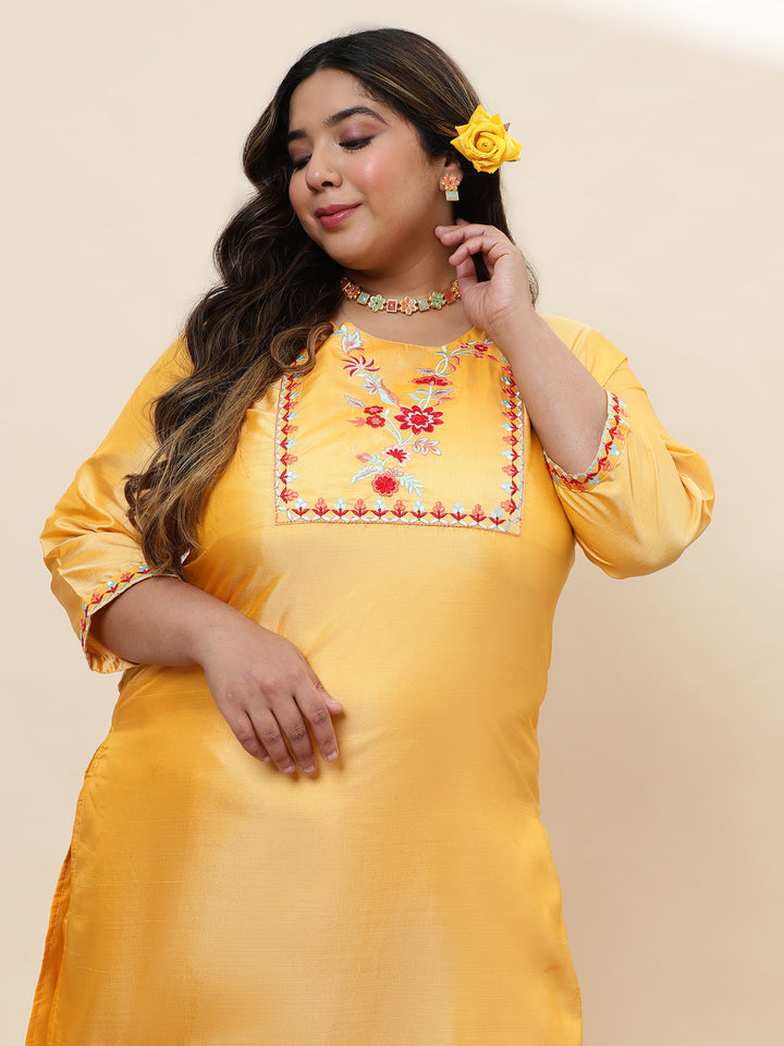 Womens Yellow Solid Embroidered Plus Size Kurta with trouser