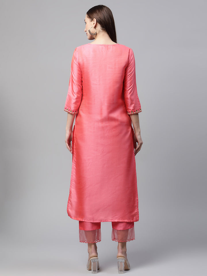 Women Pink Embroidered Thread work Kurta with Trousers