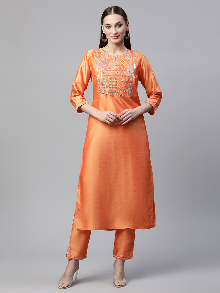 Women Orange Embroidered Yoke Design Kurta with Trousers