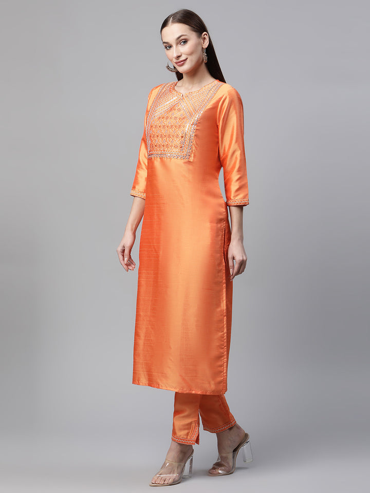 Women Orange Embroidered Yoke Design Kurta with Trousers