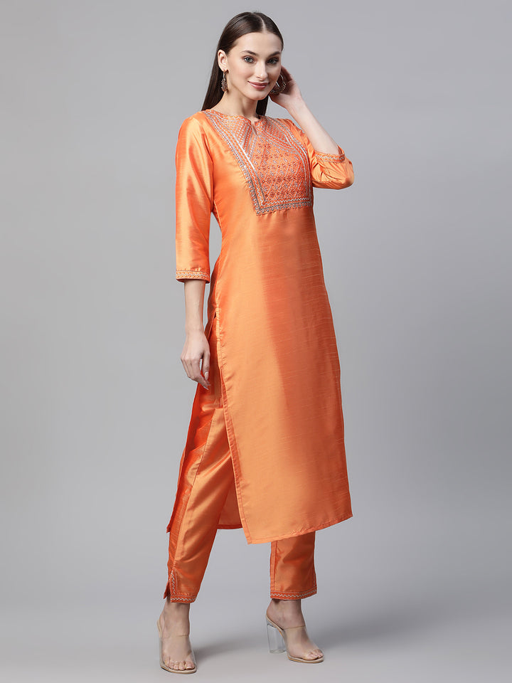 Women Orange Embroidered Yoke Design Kurta with Trousers