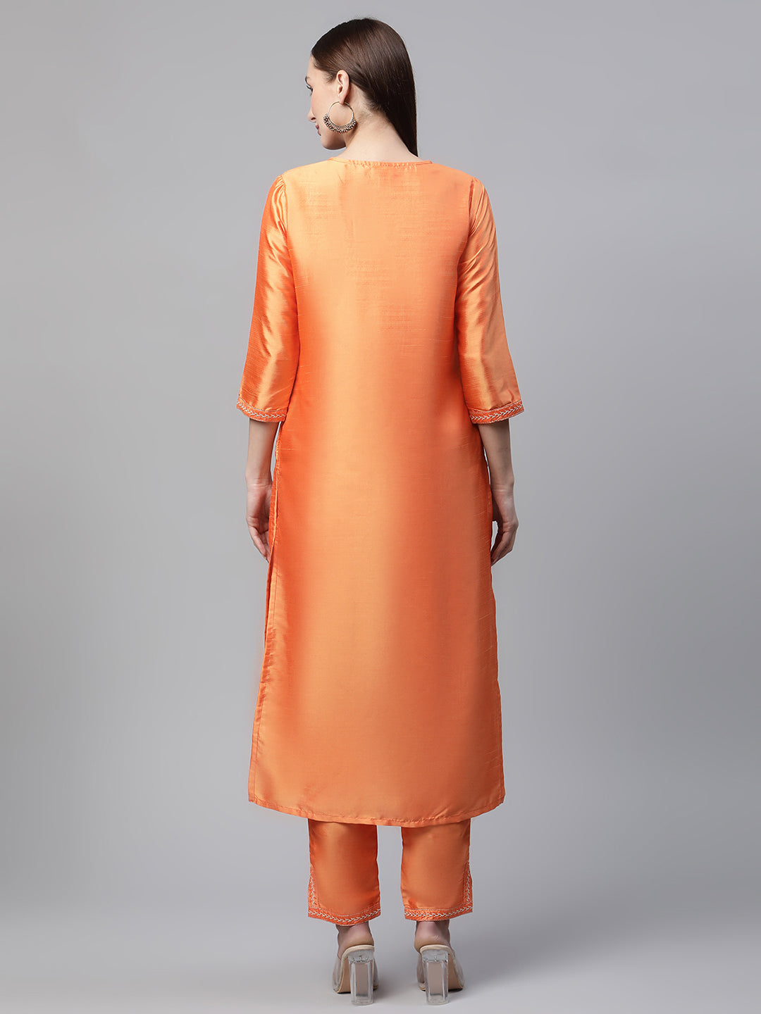 Women Orange Embroidered Yoke Design Kurta with Trousers