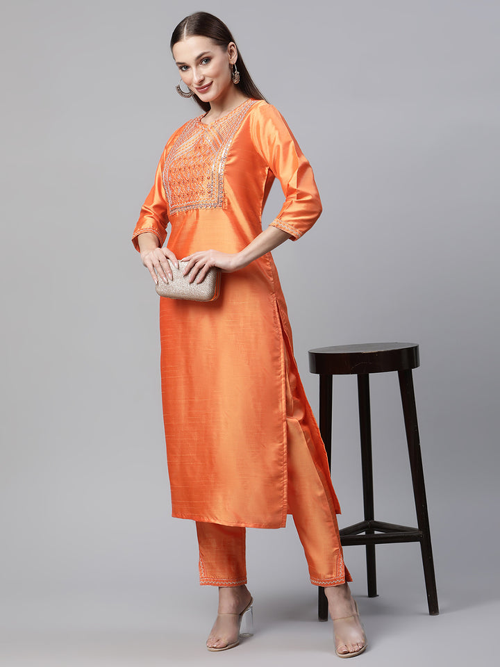 Women Orange Embroidered Yoke Design Kurta with Trousers