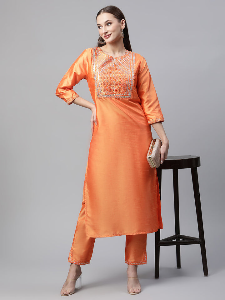 Women Orange Embroidered Yoke Design Kurta with Trousers