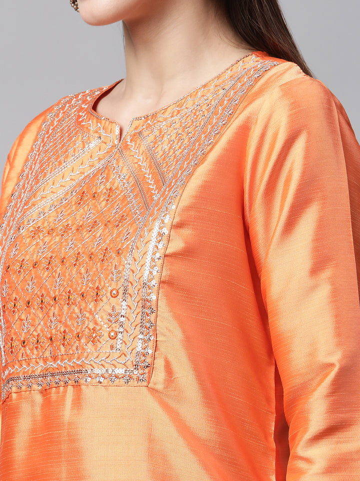 Women Orange Embroidered Yoke Design Kurta with Trousers