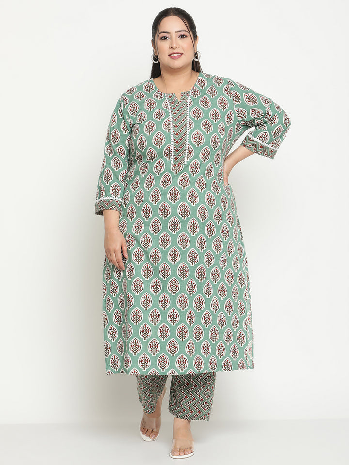 Womens Green Printed Plus Size Kurta with Trouser