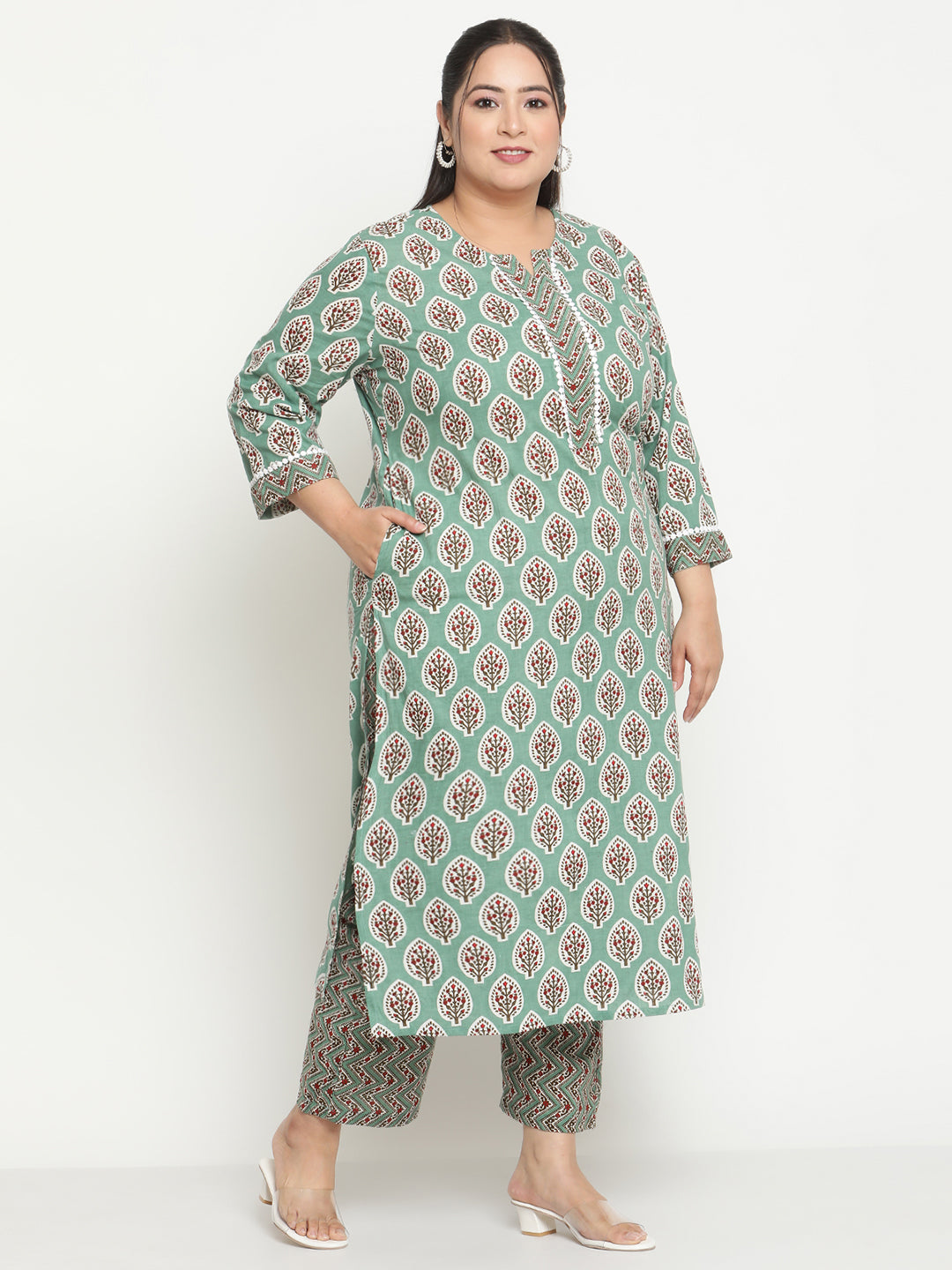 Womens Green Printed Plus Size Kurta with Trouser