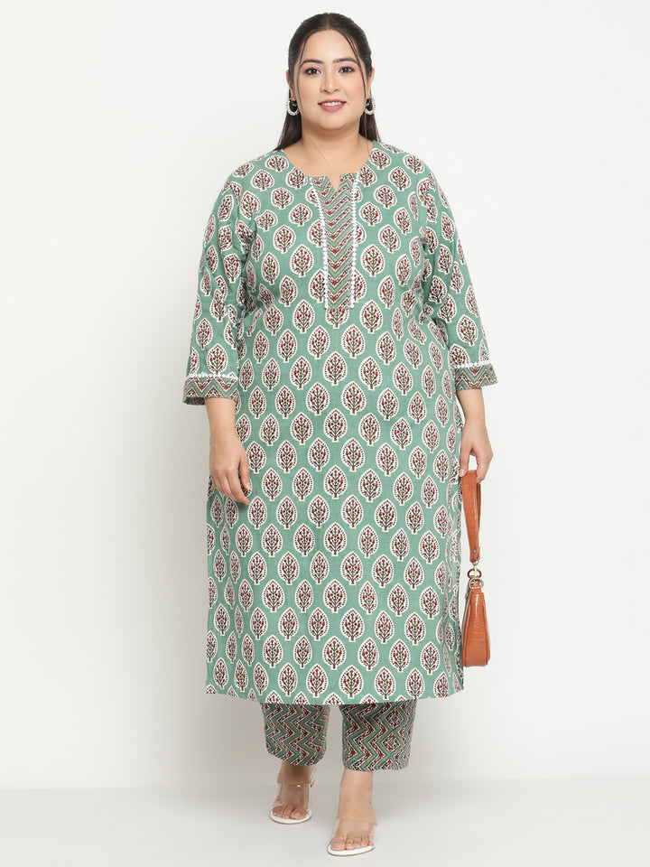 Womens Green Printed Plus Size Kurta with Trouser