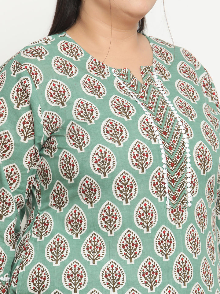 Womens Green Printed Plus Size Kurta with Trouser