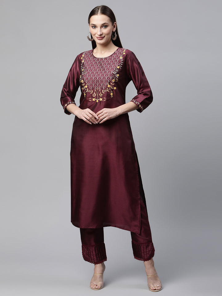 Womens Wine Solid Embroidered Kurta with Trouser