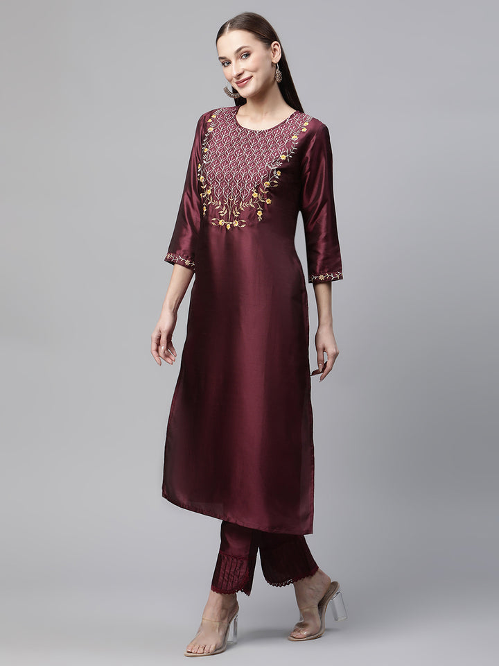 Womens Wine Solid Embroidered Kurta with Trouser