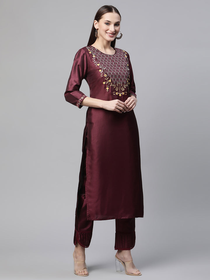 Womens Wine Solid Embroidered Kurta with Trouser