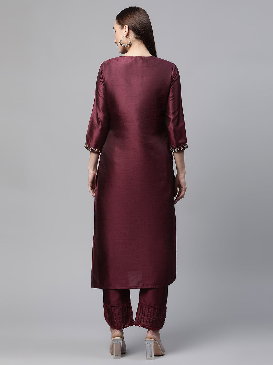 Womens Wine Solid Embroidered Kurta with Trouser