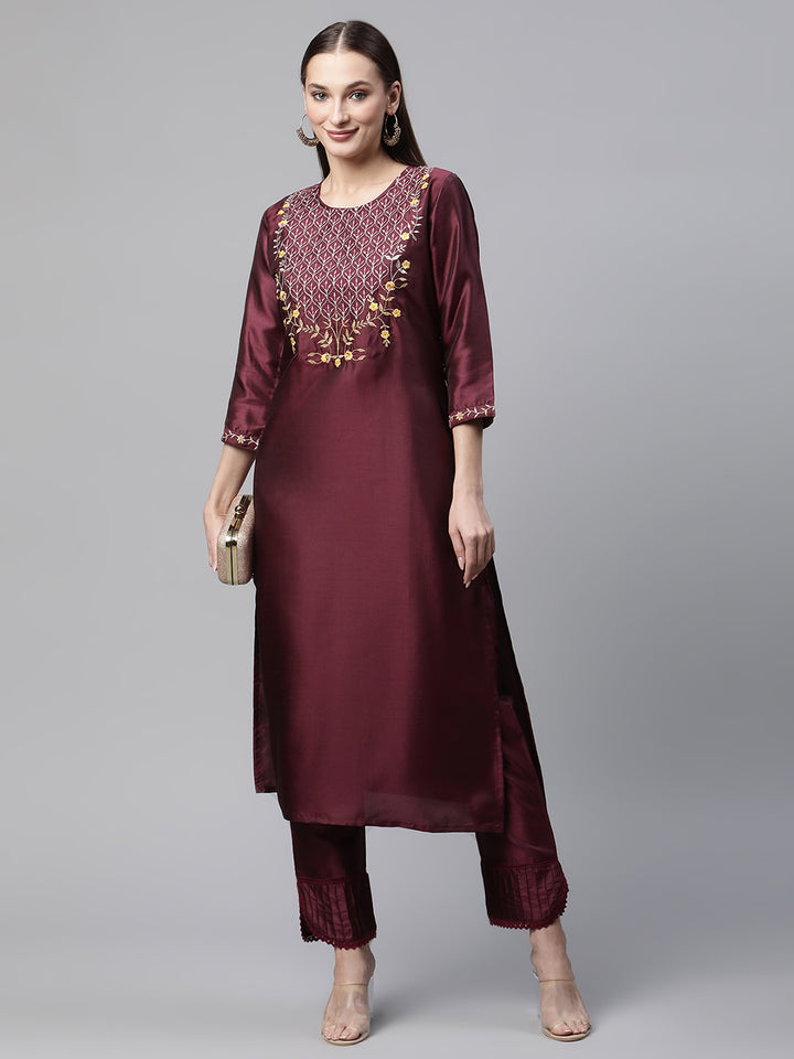 Womens Wine Solid Embroidered Kurta with Trouser