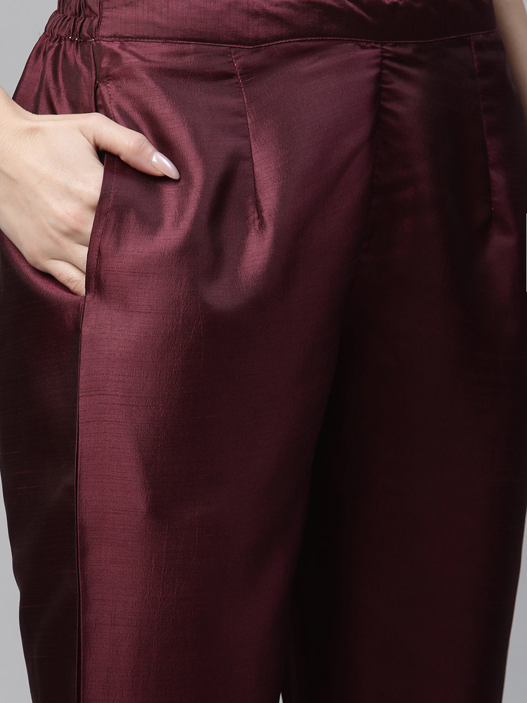 Womens Wine Solid Embroidered Kurta with Trouser