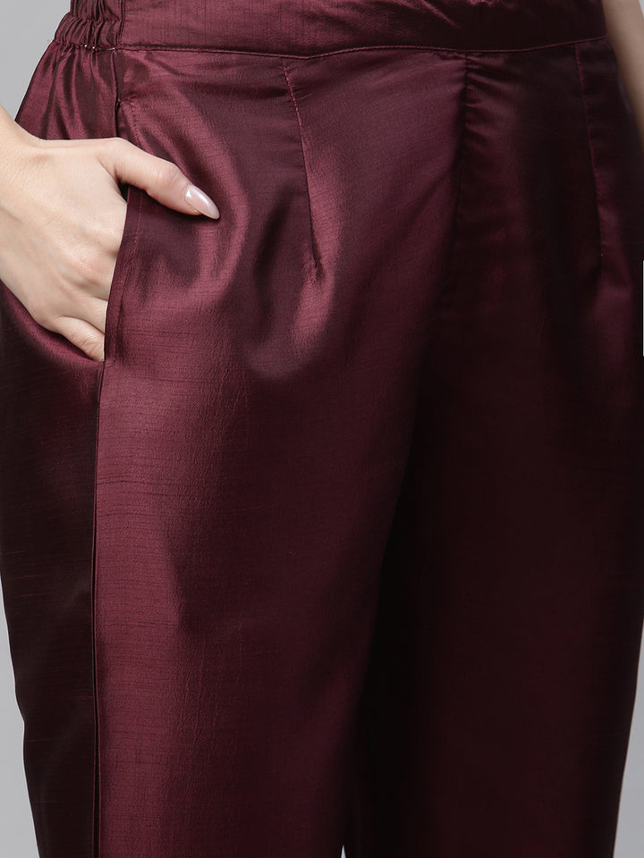Womens Wine Solid Embroidered Kurta with Trouser