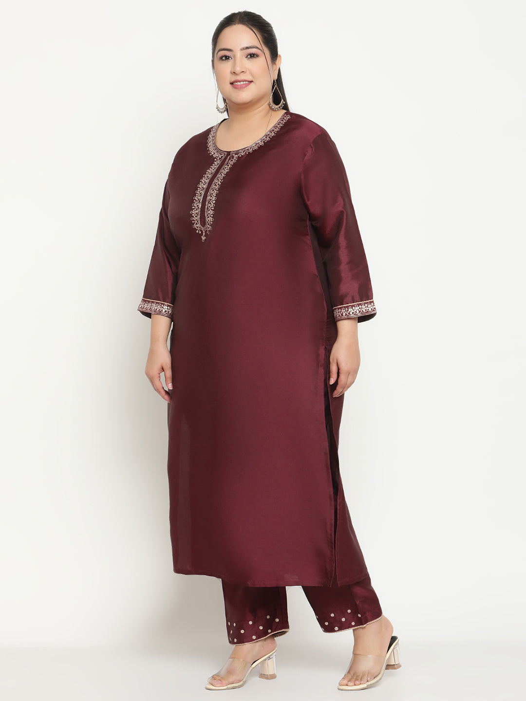 Womens Wine Solid Embroidered Plus Size Kurta with Trouser