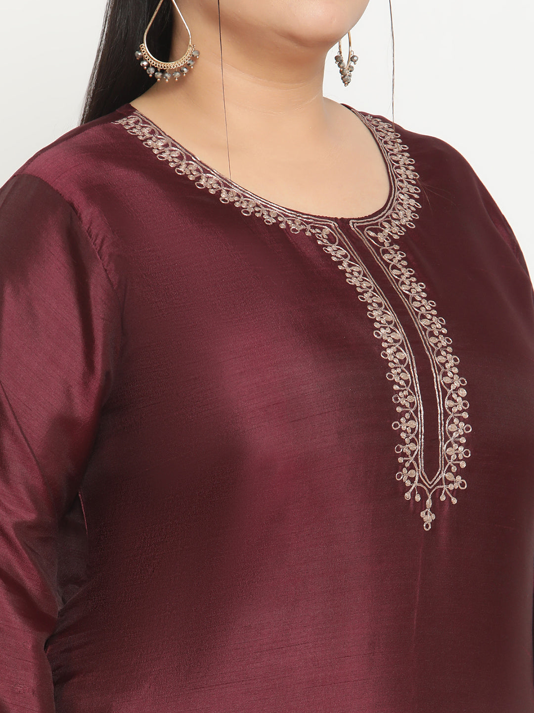 Womens Wine Solid Embroidered Plus Size Kurta with Trouser
