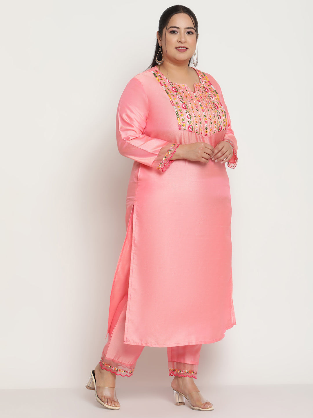 Womens Pink Solid Embroidered Plus Size Kurta with Trouser