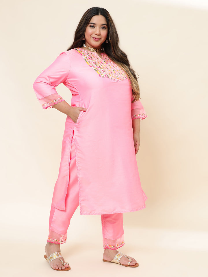 Womens Pink Solid Embroidered Plus Size Kurta with Trouser
