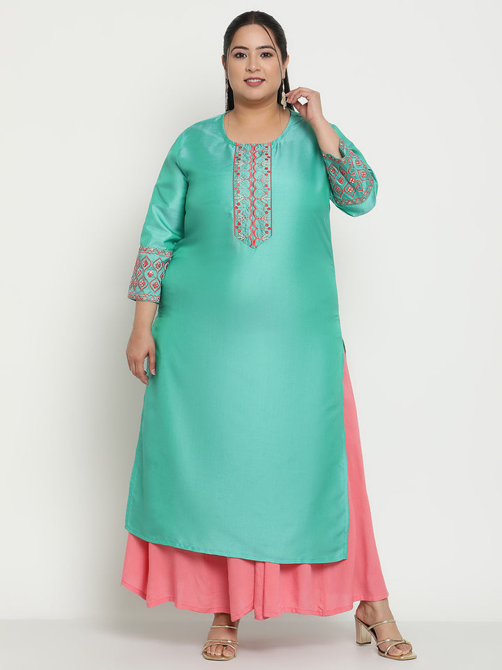 Womens Green Solid Embroidered Plus Size Kurta