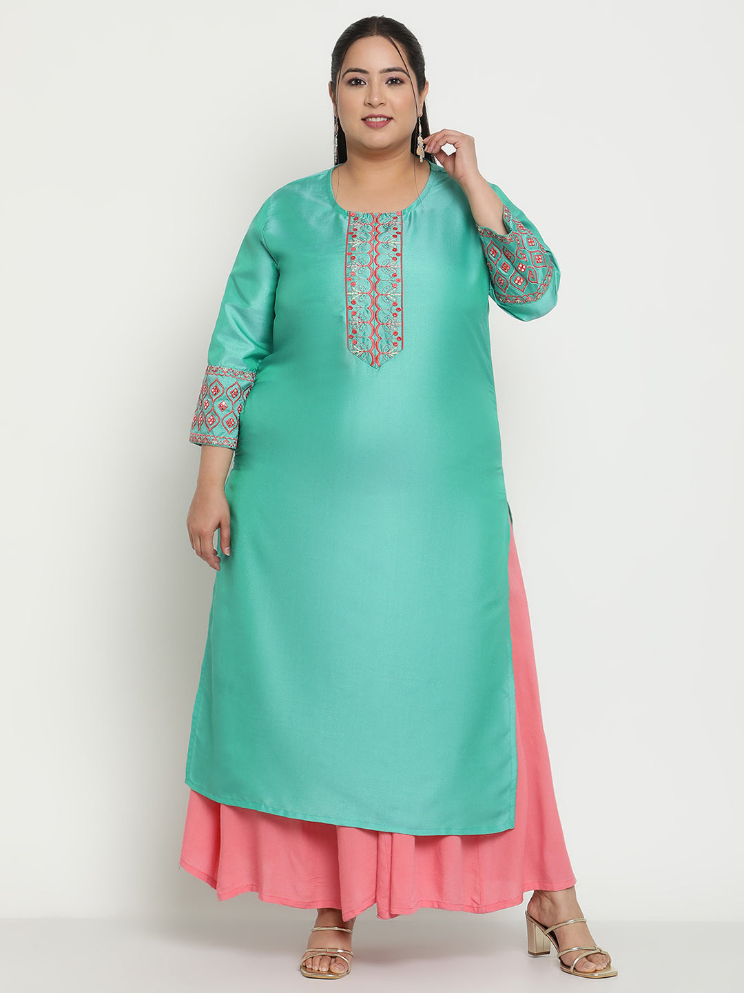 Womens Green Solid Embroidered Plus Size Kurta