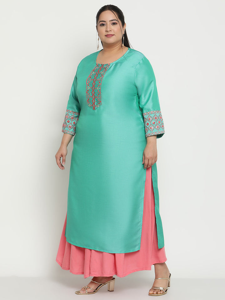 Womens Green Solid Embroidered Plus Size Kurta
