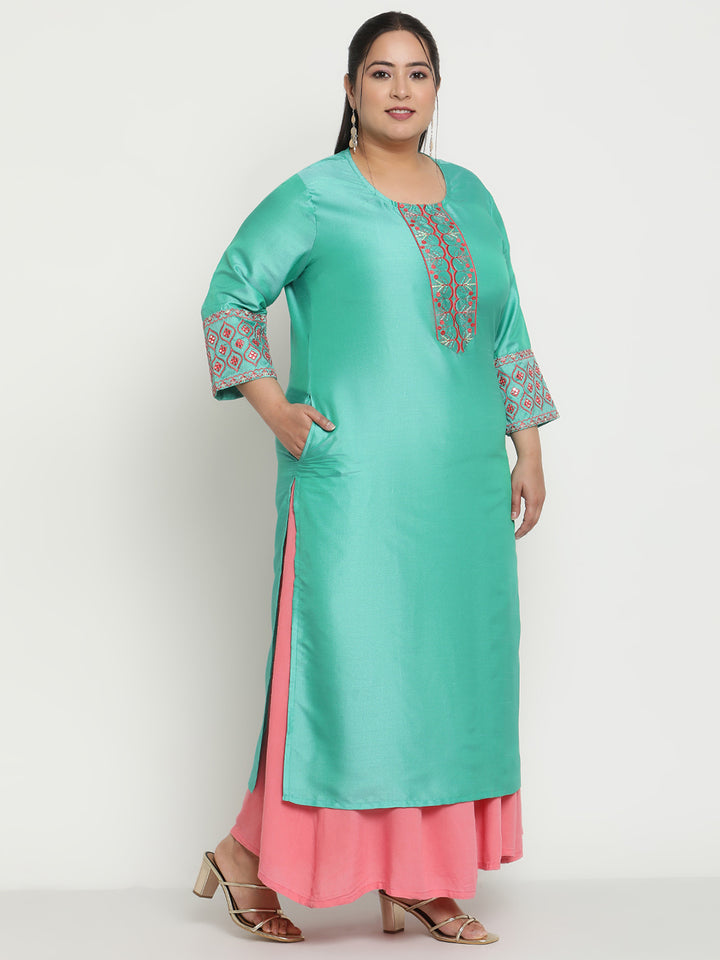 Womens Green Solid Embroidered Plus Size Kurta