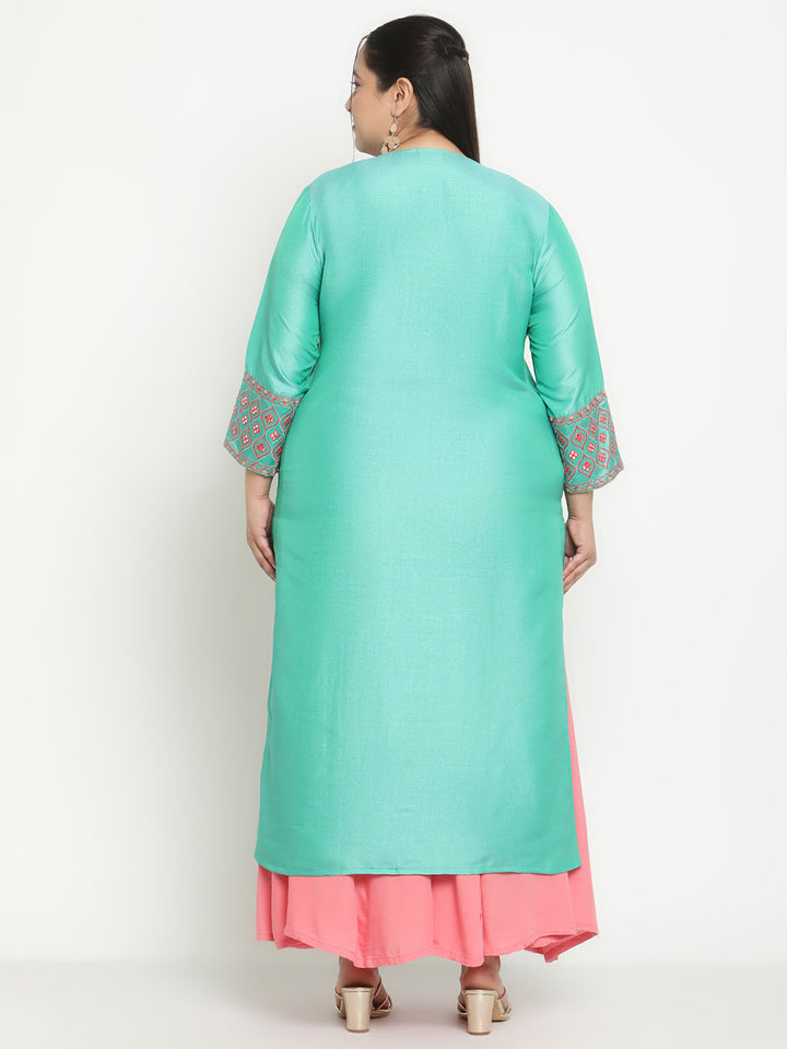Womens Green Solid Embroidered Plus Size Kurta