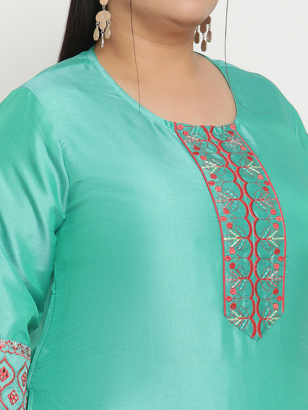 Womens Green Solid Embroidered Plus Size Kurta