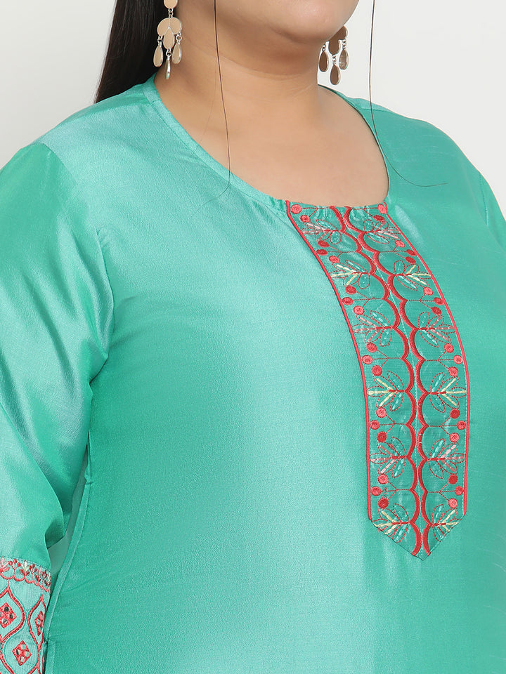 Womens Green Solid Embroidered Plus Size Kurta
