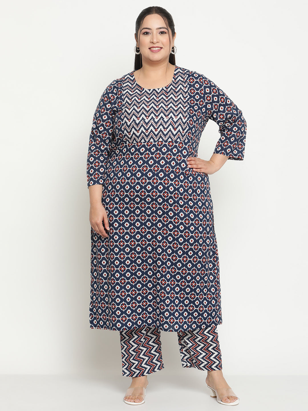 Womens Blue Printed Plus Size Kurta with Trouser