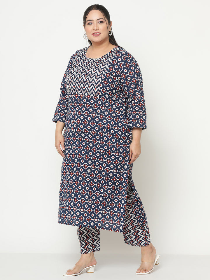 Womens Blue Printed Plus Size Kurta with Trouser