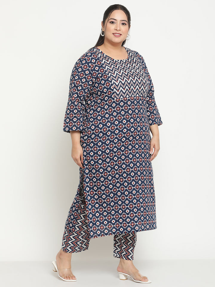 Womens Blue Printed Plus Size Kurta with Trouser