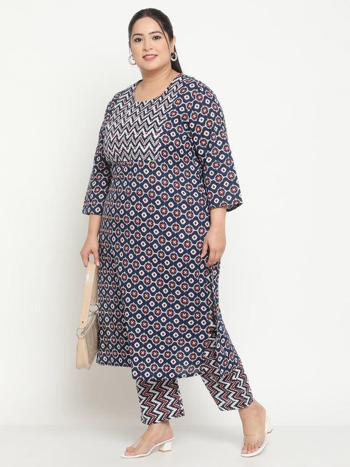 Womens Blue Printed Plus Size Kurta with Trouser