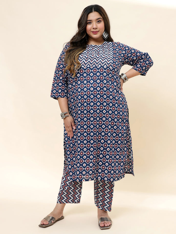 Womens Blue Printed Plus Size Kurta with Trouser