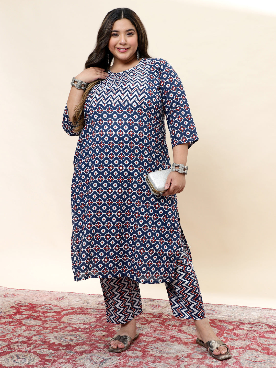 Womens Blue Printed Plus Size Kurta with Trouser