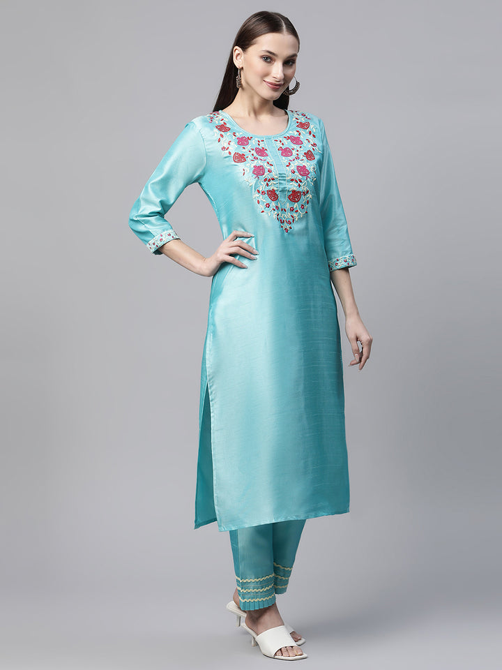 Womens Blue Solid Embroidered Kurta with Trouser